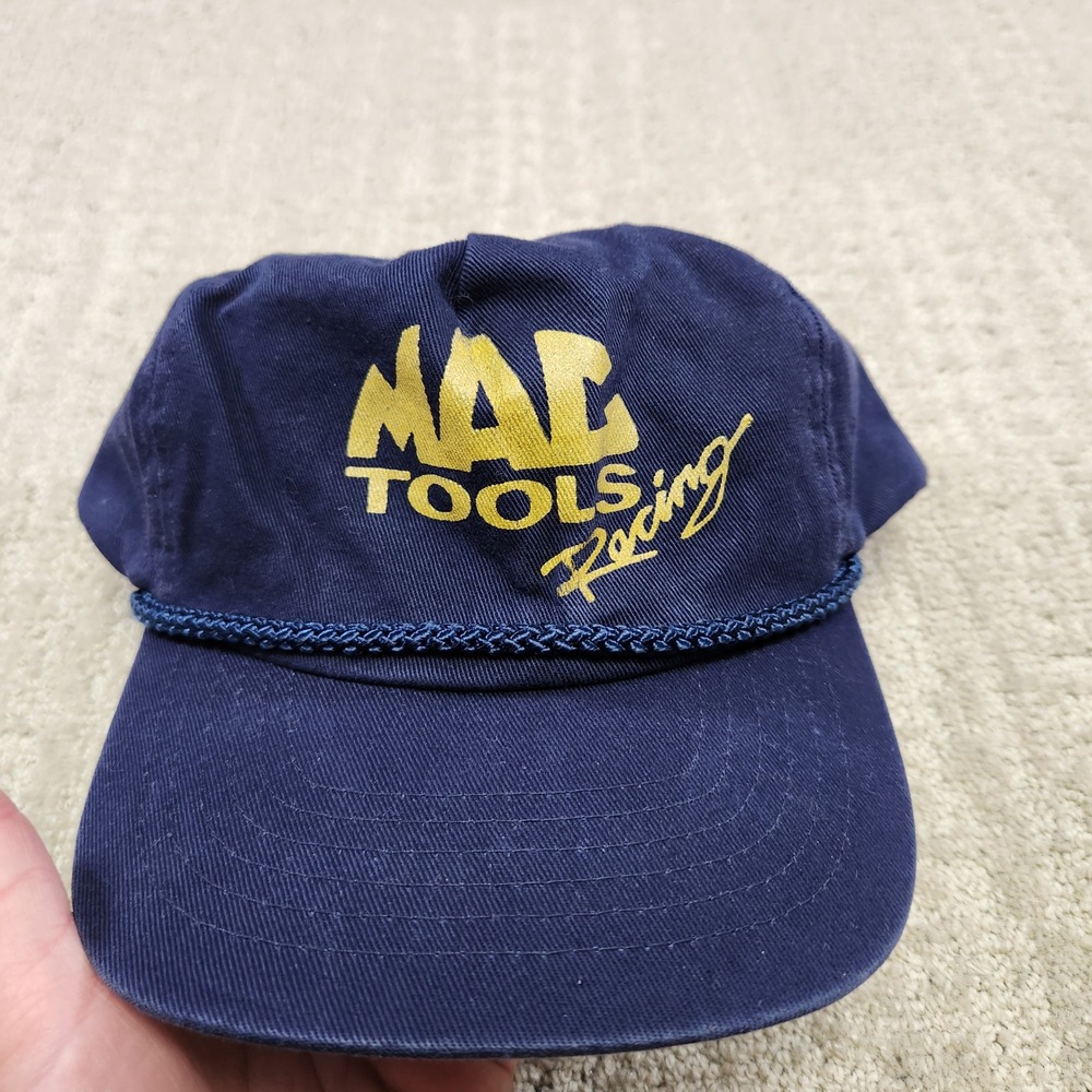 Vintage Mac Tools Racing Snapback Hat Navy Blue Yellow Rope Trucker Cap KC Brand